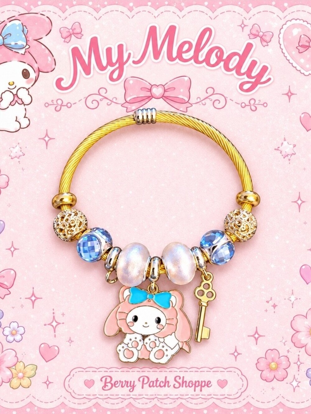 Kawaii Sanrio Hello Kitty My Melody Gold Crystal Bead Charm Bracelet